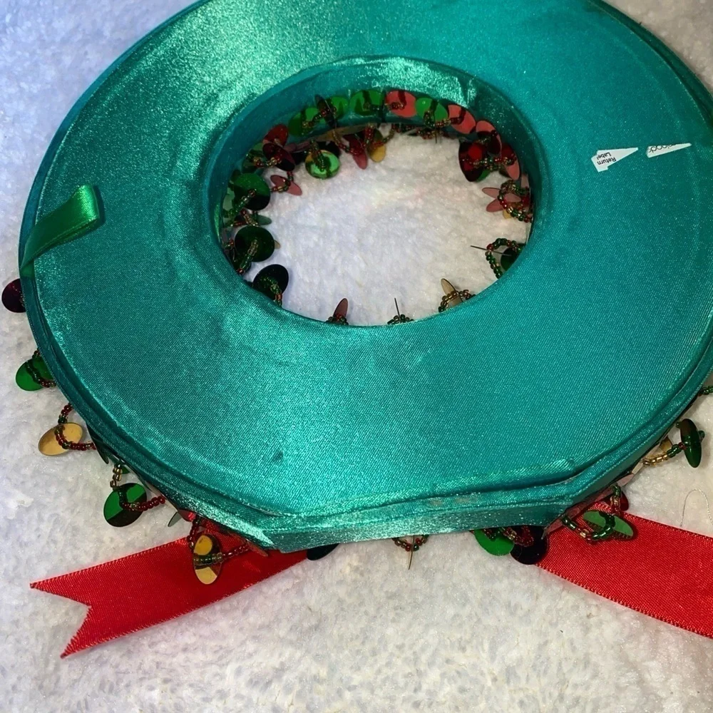 8” Bloomingdales Christmas Red‎ Ribbon Wreath w & Green & Red & Gold Sequences